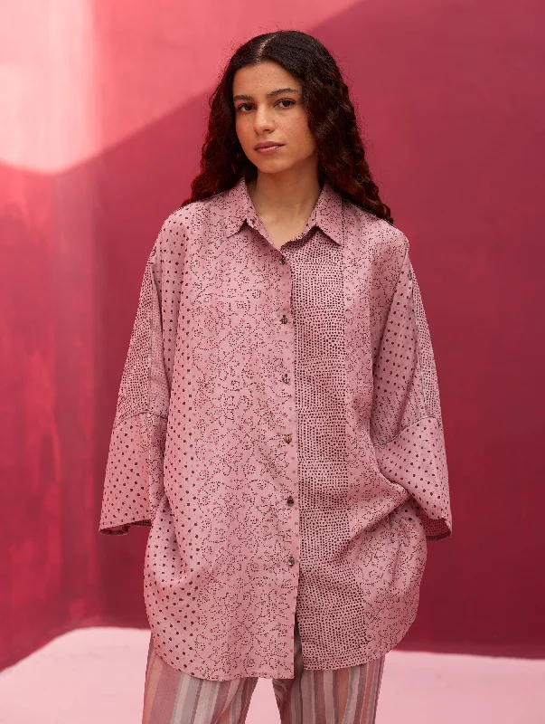 Aiza Block Printed Silk Shirt - Lavender Cozy Plain Short Sleeve