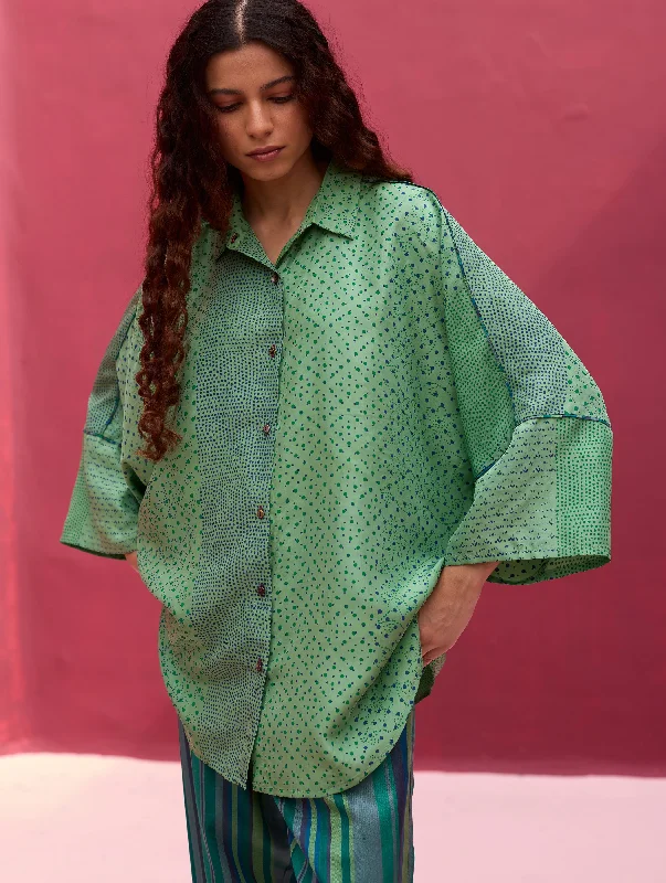 Aiza Block Printed Silk Shirt - Peacock Classic V-Neck Short Shirt