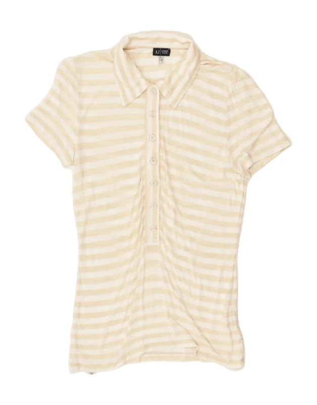 ARMANI JEANS Womens Polo Shirt UK 10 Small Beige Striped Viscose Comfortable Stretch Short Shirt