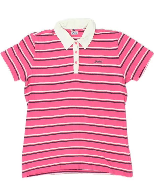 ASICS Womens Polo Shirt UK 20 2XL Pink Striped Cotton Relaxed Fit Short Shirt