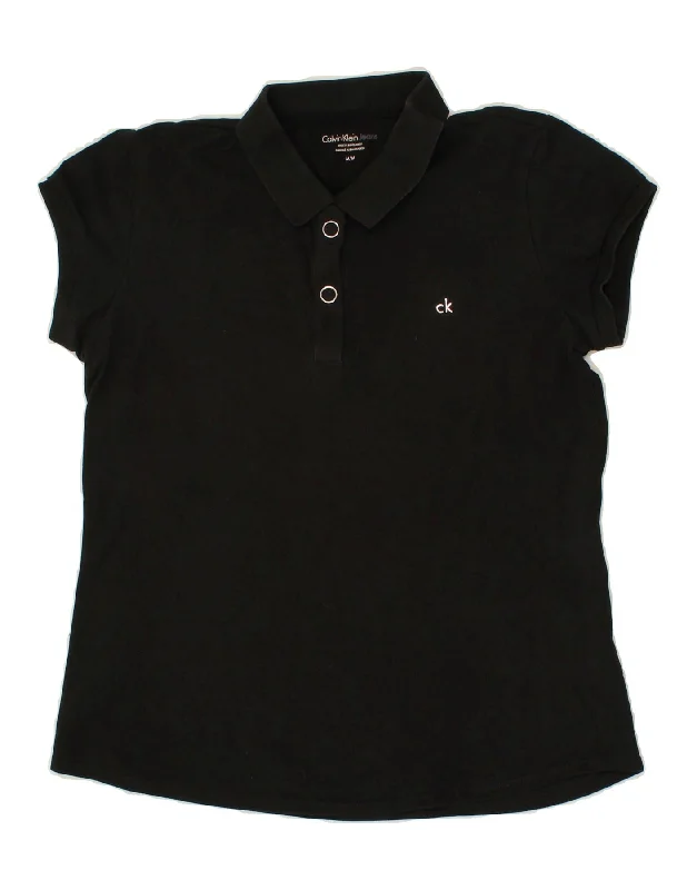 CALVIN KLEIN Womens Polo Shirt UK 14 Medium Black Cotton Casual Button-Up Short Tee