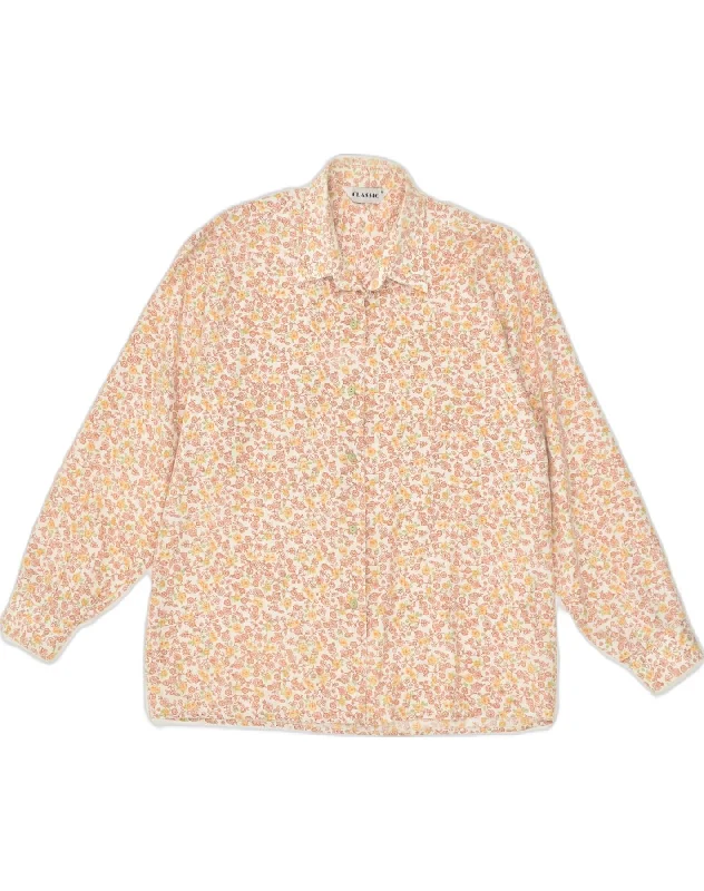 CLASSIC Womens Shirt Blouse UK 14 Medium Beige Floral Cotton Stylish Short Sleeve Top