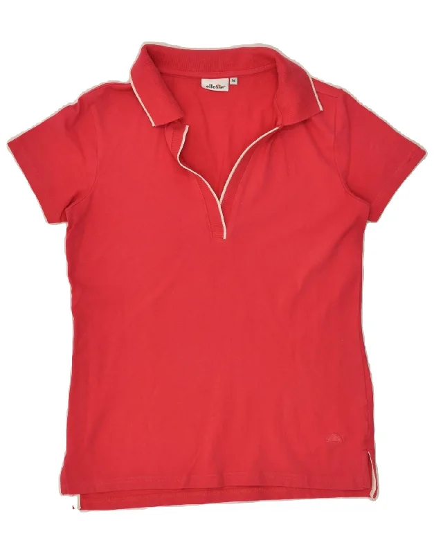 ELLESSE Womens Polo Shirt UK 12 Medium Red Cotton Comfortable Peplum Short Shirt