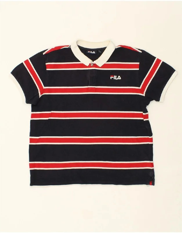 FILA Womens Polo Shirt UK 16 Large Navy Blue Striped Cotton Trendy Sleeveless Short Shirt