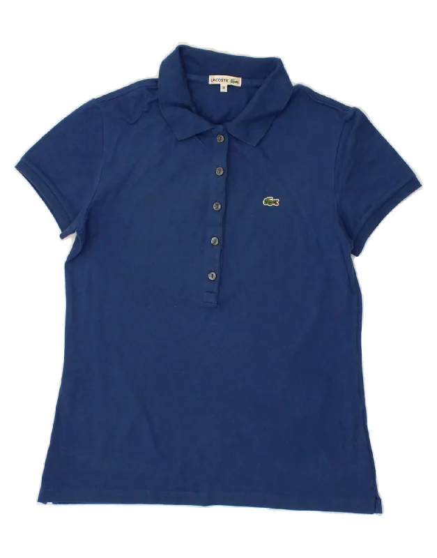 LACOSTE Womens Polo Shirt Size 38 Medium Blue Cotton Classic V-Neck Short Shirt