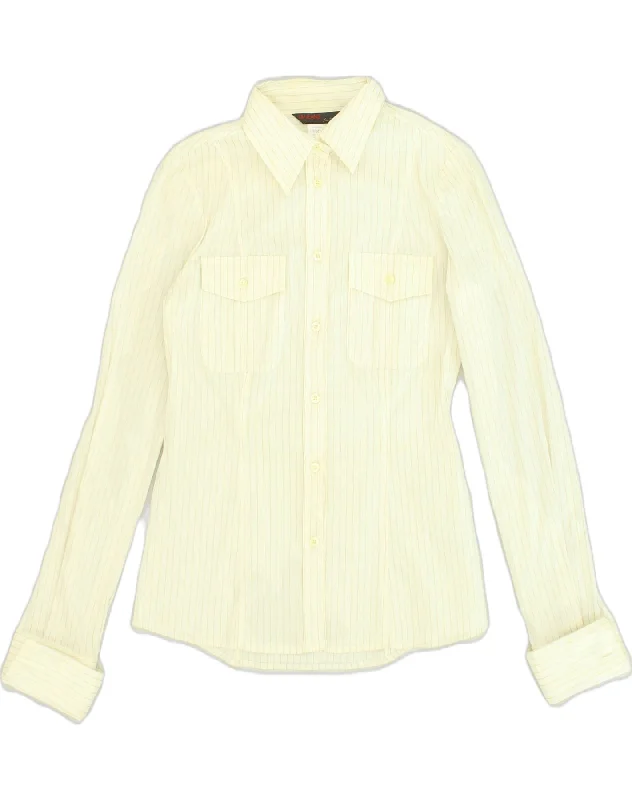 LIU JO Womens Shirt IT 42 Medium Off White Pinstripe Cotton Chic V-Neck Short Blouse