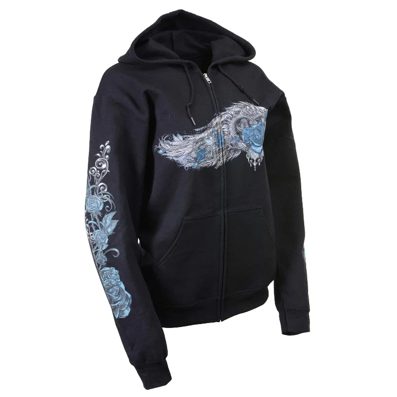 Milwaukee Leather MPLH228001 Women's 'Angel Roses' Zip Up Hooded Black Sweat Shirt Classic Basic Short Shirt