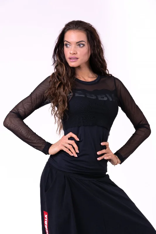 Nebbia Flash-Mesh Longsleeve Shirt 664 - Black Stylish Split-Hem Short Shirt