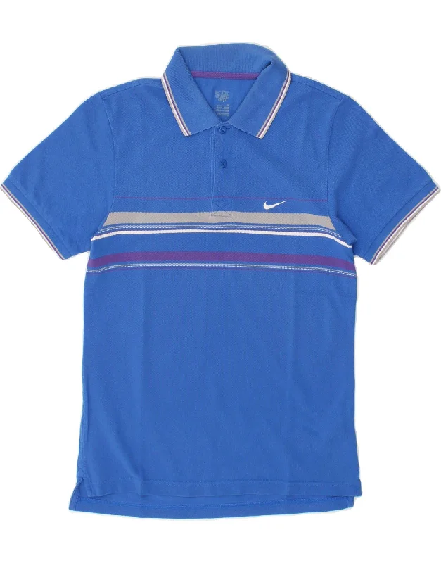NIKE Womens Polo Shirt UK 10 Small Blue Striped Cotton Cozy Linen Short Shirt