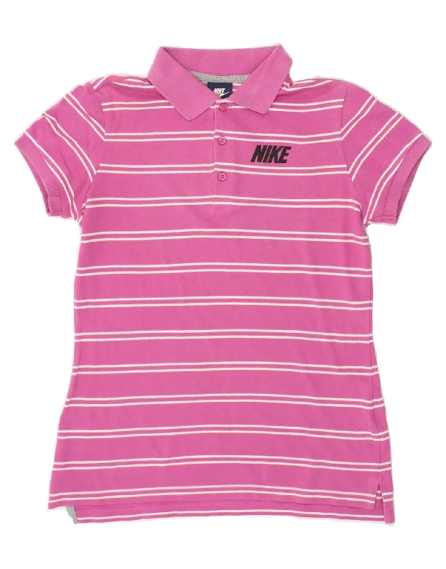 NIKE Womens Polo Shirt UK 12 Medium Pink Striped Classic Button-Up Short Tee