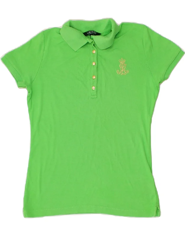 RALPH LAUREN Womens Polo Shirt UK 10 Small Green Cotton Elegant Draped Short Sleeve