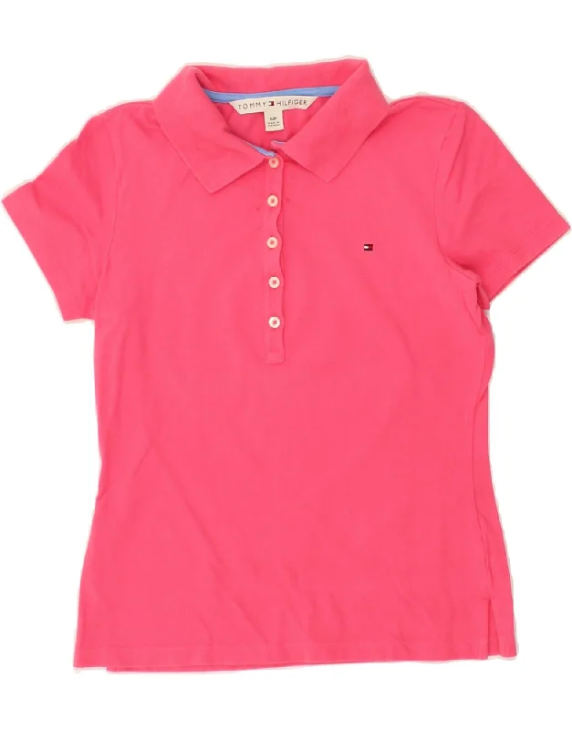 TOMMY HILFIGER Womens Polo Shirt UK 10 Small Pink Cotton Elegant Lace Short Sleeve