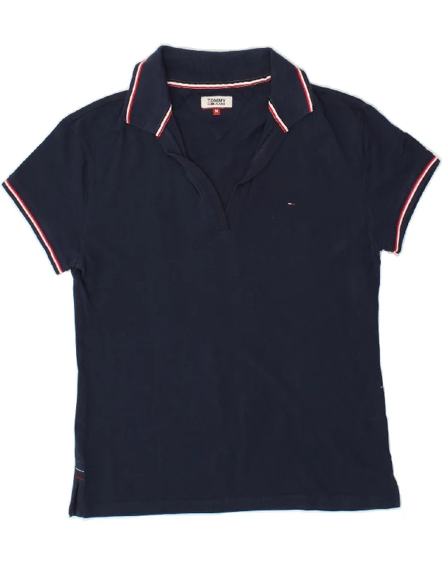 TOMMY HILFIGER Womens Polo Shirt UK 12 Medium Navy Blue Cotton Soft Silk Short Sleeve