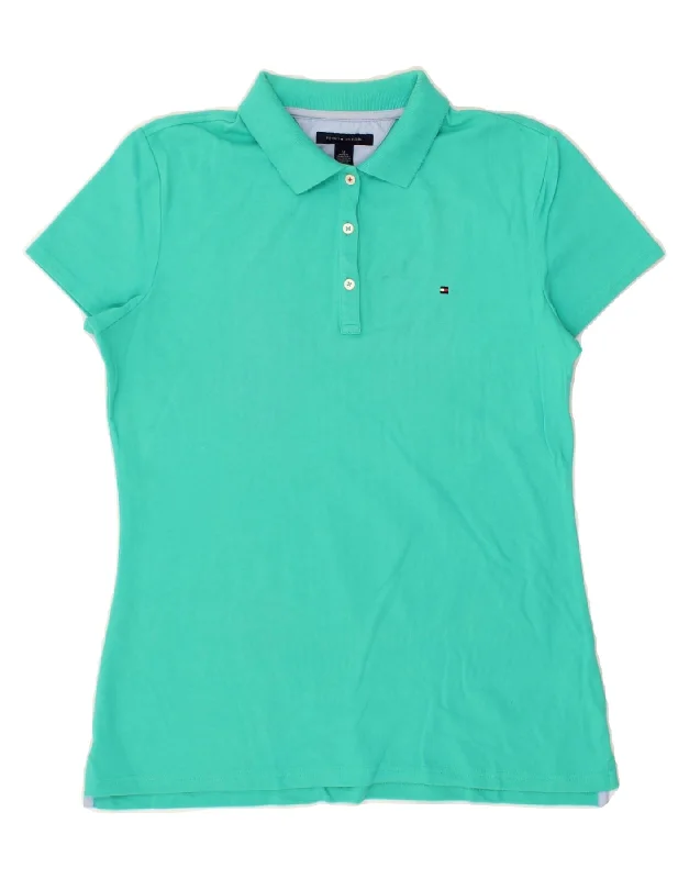 TOMMY HILFIGER Womens Polo Shirt UK 12 Medium Turquoise Cotton Classic Button-Up Short Tee