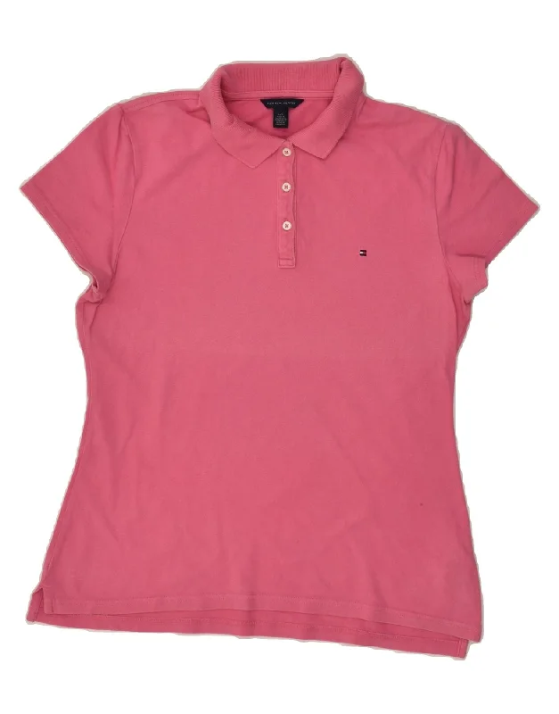 TOMMY HILFIGER Womens Polo Shirt UK 14 Large Pink Cotton Fashionable Rounded Short Shirt