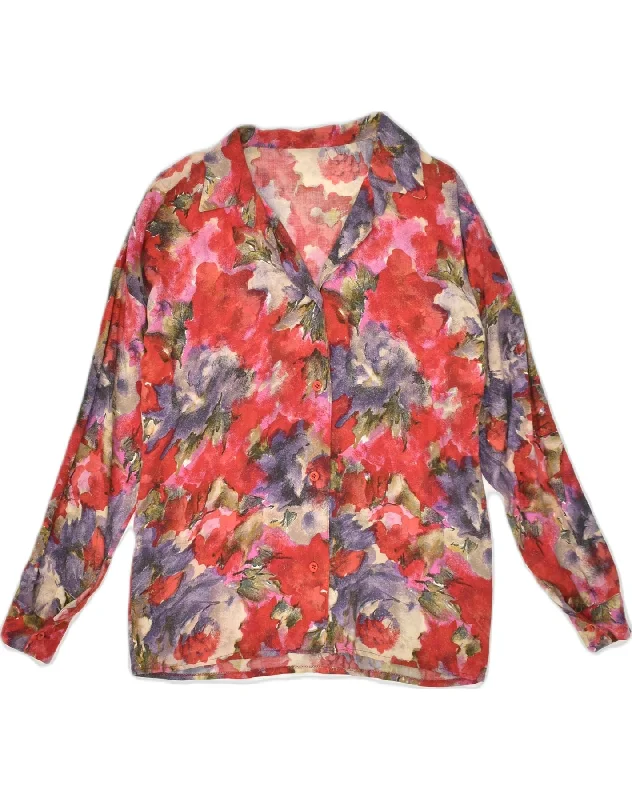 VINTAGE Womens Shirt UK 10 Small Red Floral Viscose Cozy Summer Short Shirt