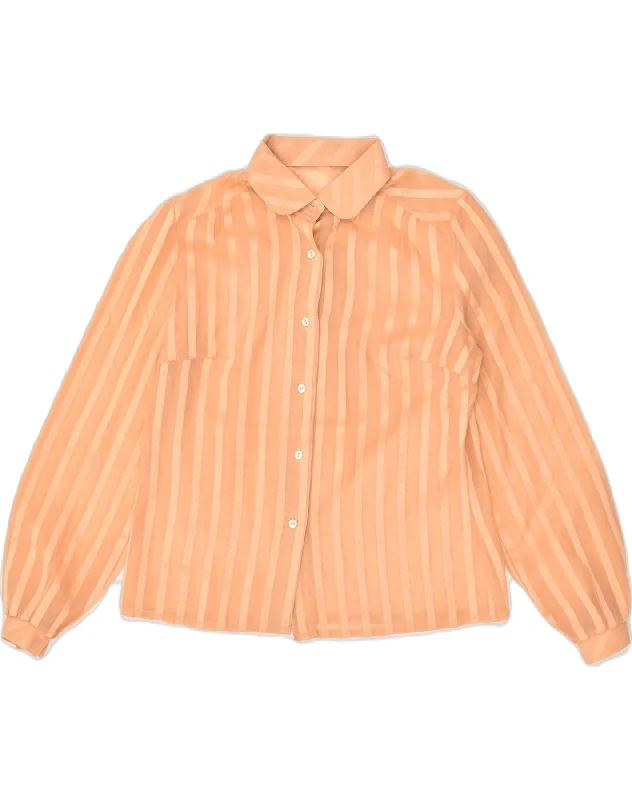 VINTAGE Womens Shirt UK 12 Medium Orange Striped Fashionable Rounded Short Shirt