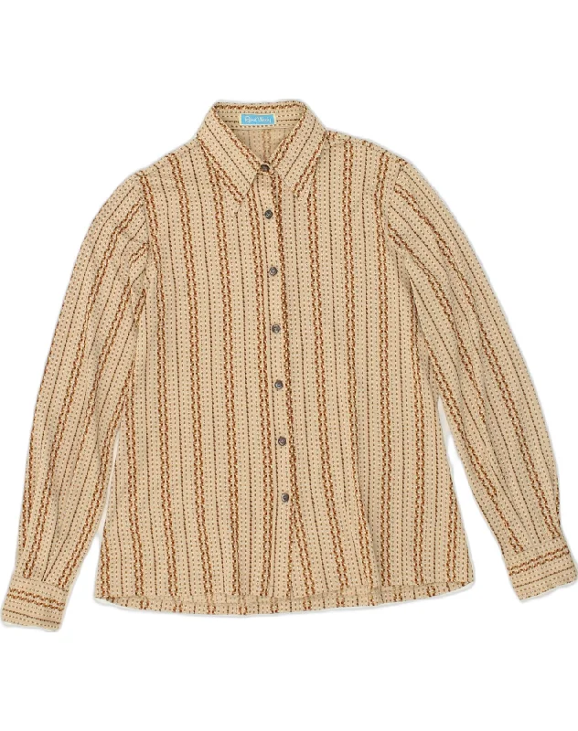 VINTAGE Womens Shirt UK 14 Large Beige Striped Chic Embellished Short Sleeve