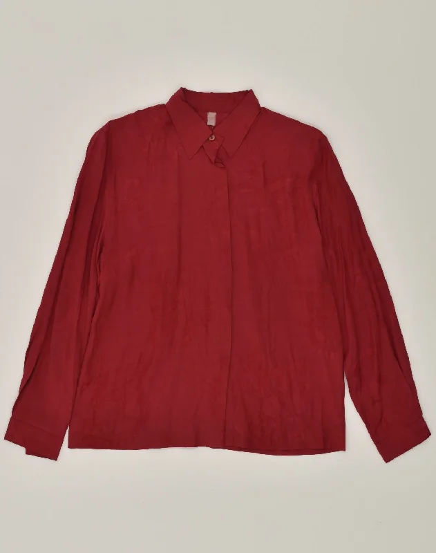 VINTAGE Womens Shirt UK 14 Medium Burgundy Viscose Casual Short Sleeve Top