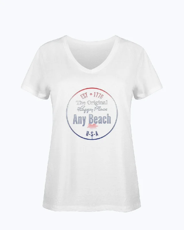 Women's SoftSpun Cotton V-Neck Tshirt Any Beach Is Happy Place USA Elegant Lace-Trimmed Short Shirt