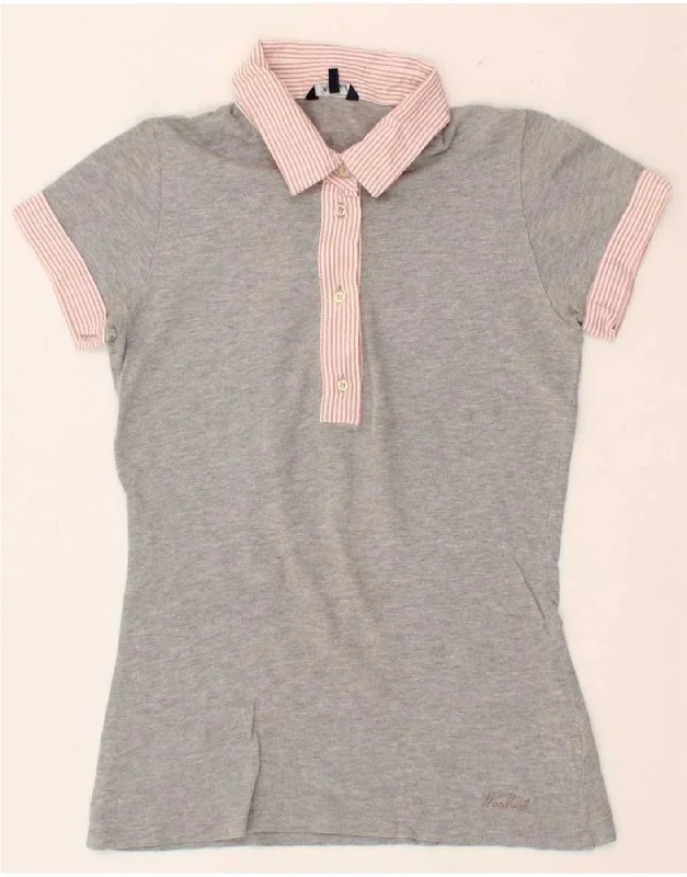 WOOLRICH Womens Polo Shirt UK 10 Small Grey Cotton Cozy Loose Fit Short Sleeve