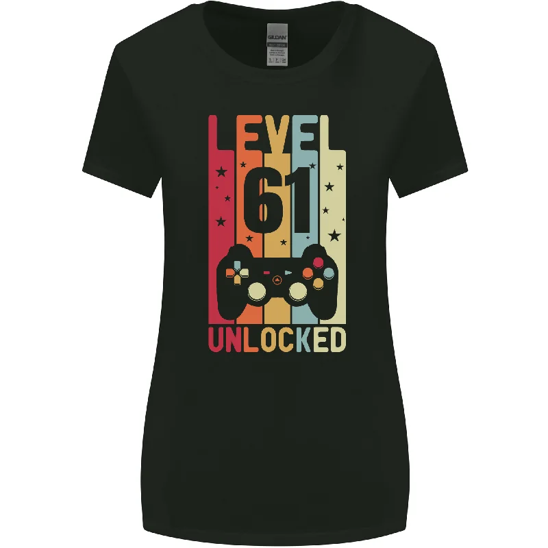 61st Birthday 61 Year Old Level Up Gaming Womens Wider Cut T-Shirt Houndstooth Herringbone Solid