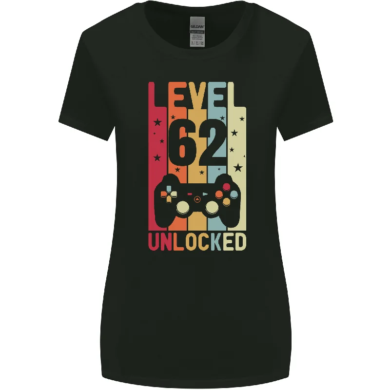 62nd Birthday 62 Year Old Level Up Gaming Womens Wider Cut T-Shirt Zippered Front Buttoned Front Snap Front 62nd Birthday 62 Year Old Level Up Gaming Womens Wider Cut T-Shirt Zippered Front Buttoned Front Snap Front