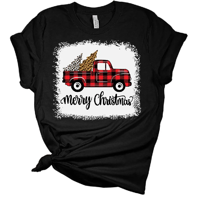 Christmas Tree Red Truck Pajama Vintage Buffalo Plaid Truck Bleach Print Bella T-Shirt Elegant Classic Vintage