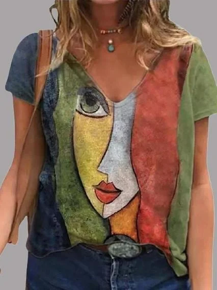 Unique Abstract Print V-neck T-Shirts with Short Sleeves Zippered Front Buttoned Front Snap Front