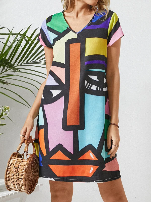 Abstract Pattern V-neck Short Sleeve Print Women Midi Dress Cozy Spaghetti Strap Midi Dress