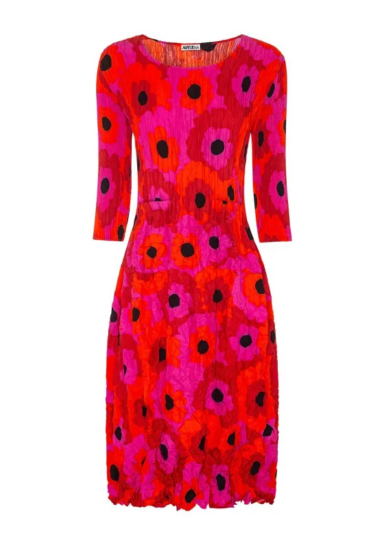 Alquema Smash Pocket Crinkle Print Midi Dress, Flower Spot Trendy Long Sleeve Midi Dress