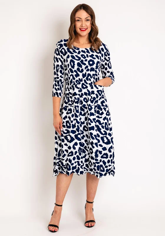 Alquema Smash Pocket Crinkle Print Midi Dress, Indigo Leopard Stylish Button-Up Midi Dress