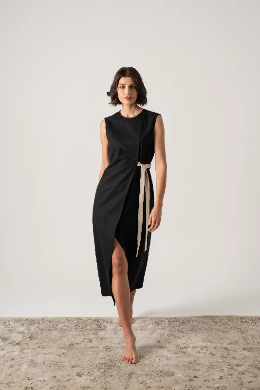 Aurore Linen Midi Dress Black Elegant Faux Wrap Midi Dress