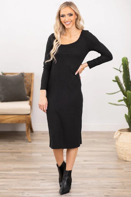 Black Asymmetrical Neckline Midi Dress Comfortable Short Sleeve Midi Dress