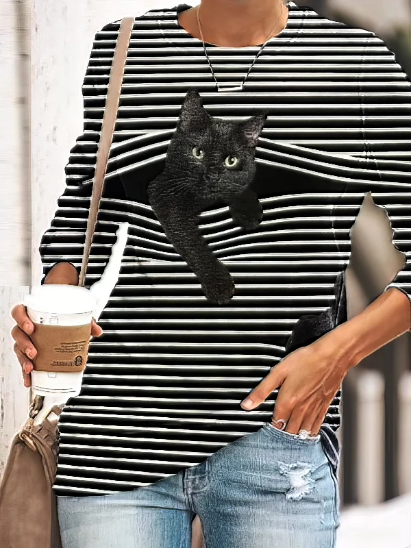 Black Feline Pattern Long Sleeve Striped White Round Neck Plus Size Tee Hooded Caped Shawl Collar