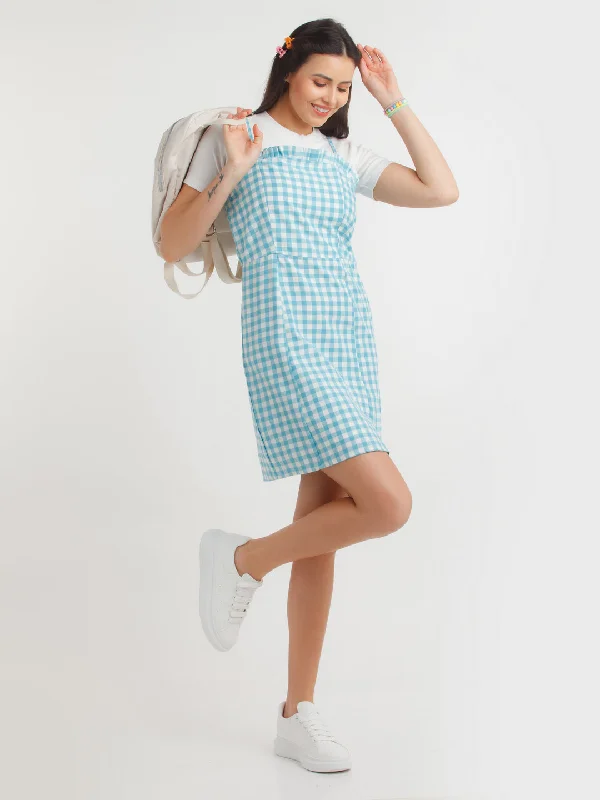 Blue Checked Mini Dress Stylish Ruffle Mini Dress