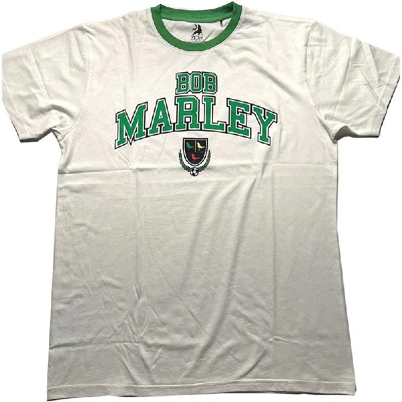 Bob Marley Unisex Ringer T-Shirt: Collegiate Crest Denim Fabric Leather Fabric Suede Fabric