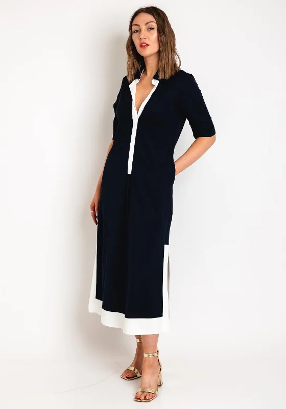 Naya Contrast Band Button Through Midi Dress, Navy & White Fashionable Polka Dot Midi Dress