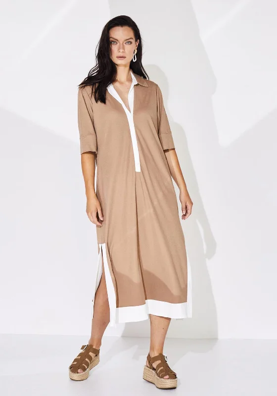 Naya Contrast Band Button Through Midi Dress, Camel & White Stylish Striped Midi Dress