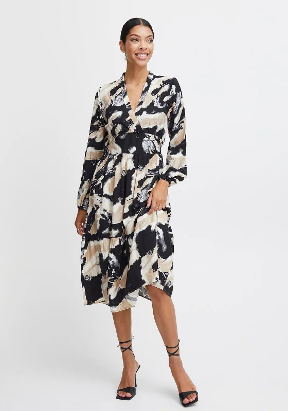 B.Young Hamma Marble Print A-Line Midi Dress, Birch Mix Trendy Midi Dress with Belt