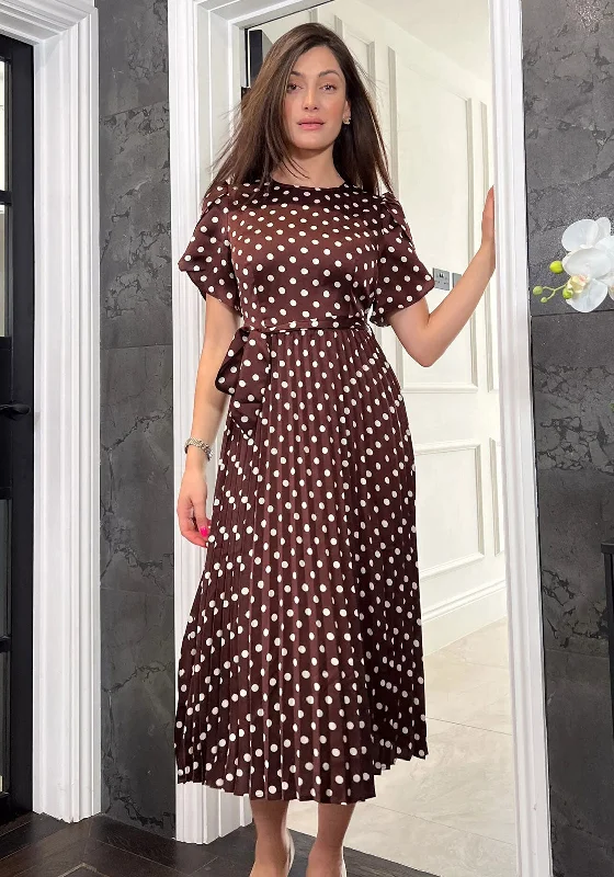 Girl In Mind Calista Polka Dot Pleated Midi Dress, Brown Stylish Silk Midi Dress