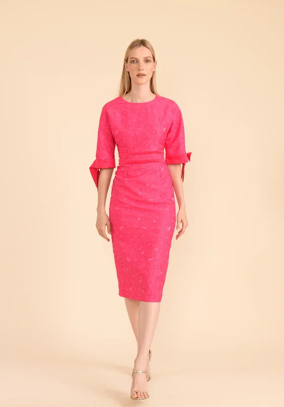 Caroline Kilkenny Aria Jacquard Ribbon Sleeve Midi Dress, Fuchsia Comfortable Adjustable Strap Midi Dress