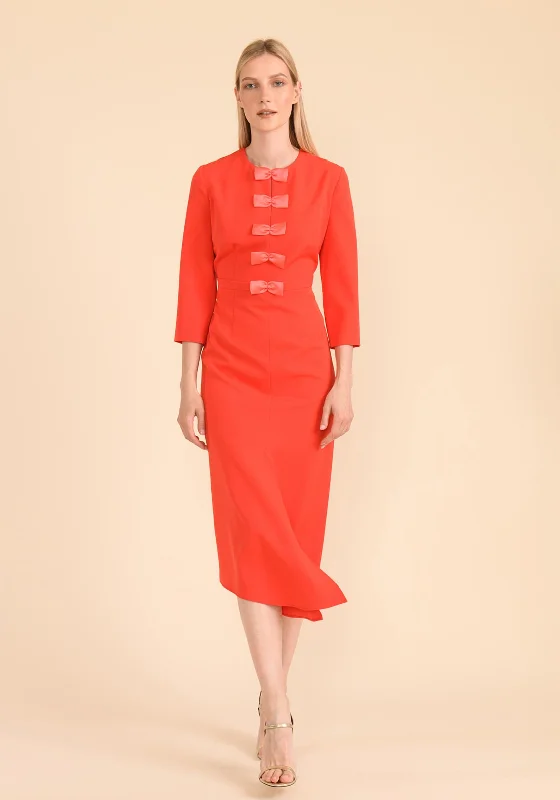 Caroline Kilkenny Maggy Bow Placket Midi Dress, Orange Stylish Off-Shoulder Ruffle Dress