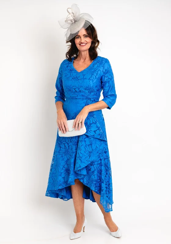 Casandra Cal Jacquard Ruffled High Low Midi Dress, Royal Blue Trendy Flared Sleeve Midi Dress