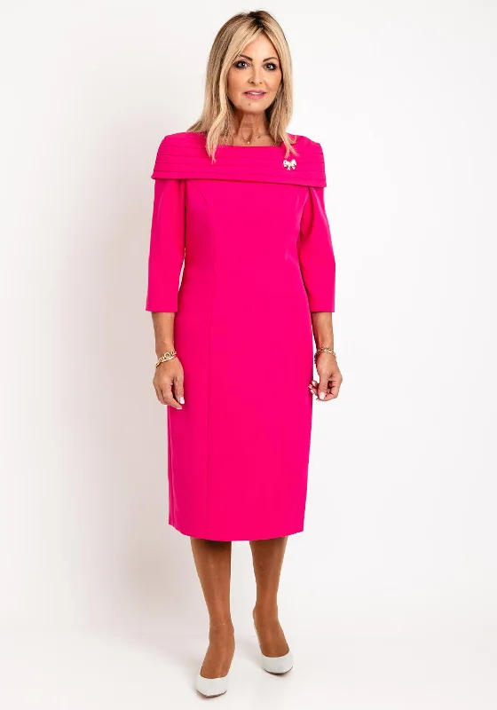 Cassandra Bardot Neckline Pencil Midi Dress, Cerise Trendy Tiered Hem Midi Dress