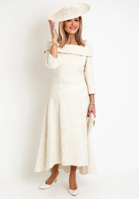 Cassandra Floral Embossed Dipped Hem Midi Dress, Cream Stylish Long Sleeve Floral Midi Dress