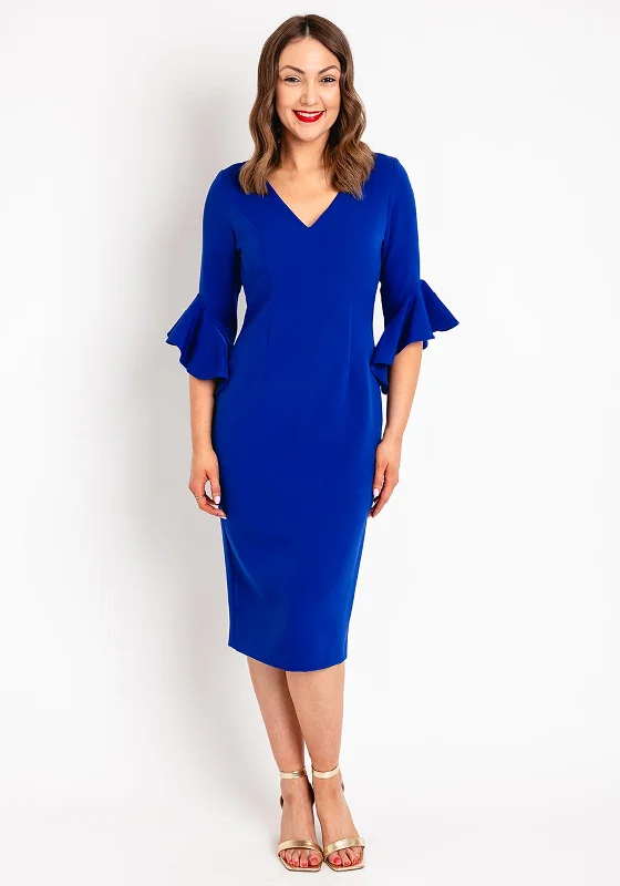 Castings Ruffled Three Quarter Sleeve Midi Dress, Azul Trendy Mock Neck Midi Dress