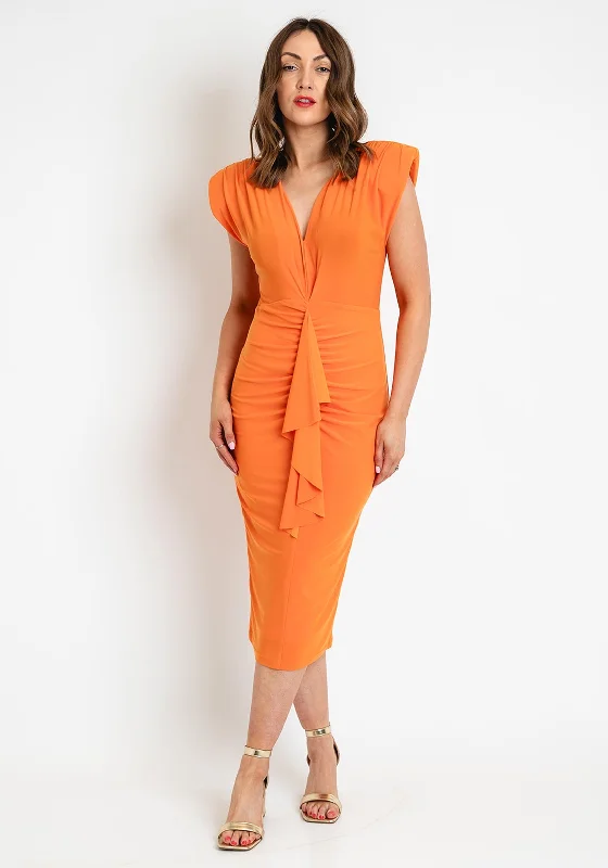 Casting Ruched Drape Midi Dress, Orange Chic Floral Print Midi Dress