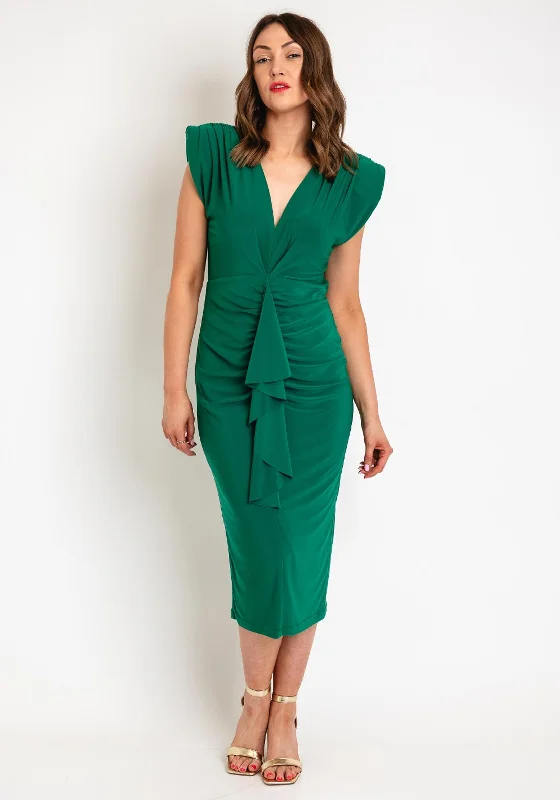 Casting Ruched Drape Midi Dress, Verde Elegant V-Neck Midi Dress