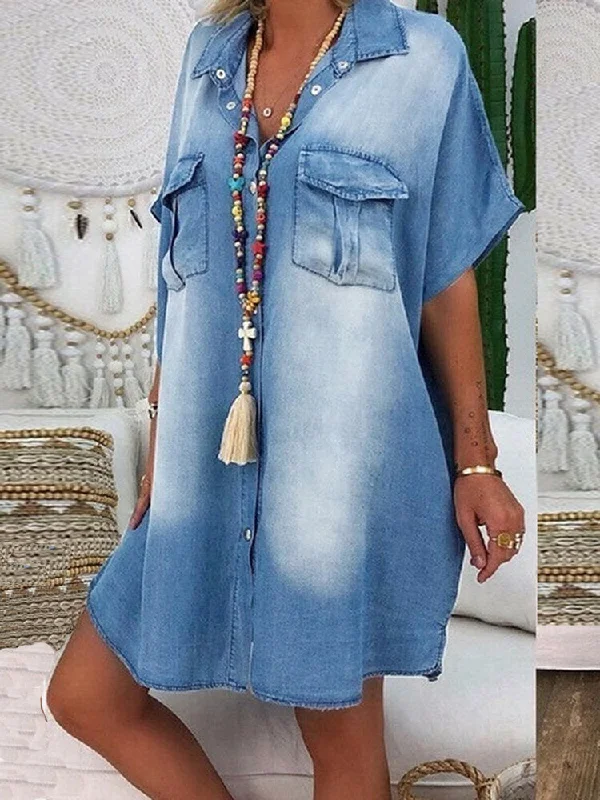 Casual Lapel Button Short Sleeve Loose Denim Shirt Women Midi Dress Cozy Tie-Dye Midi Dress